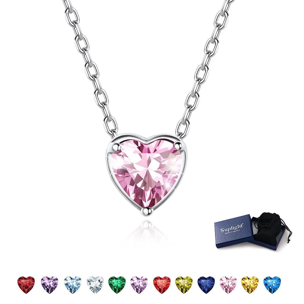 Women 925 Sterling Silver Birthstone Love Heart Necklace, Birthday Valentines Gift