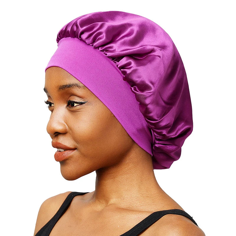 New Women'S Satin Solid Wide-Brimmed Sleeping Hat Unisex Head Wrap Elastic Band Cap Hair Care Bonnet Night Hat Bonnet De Nuit