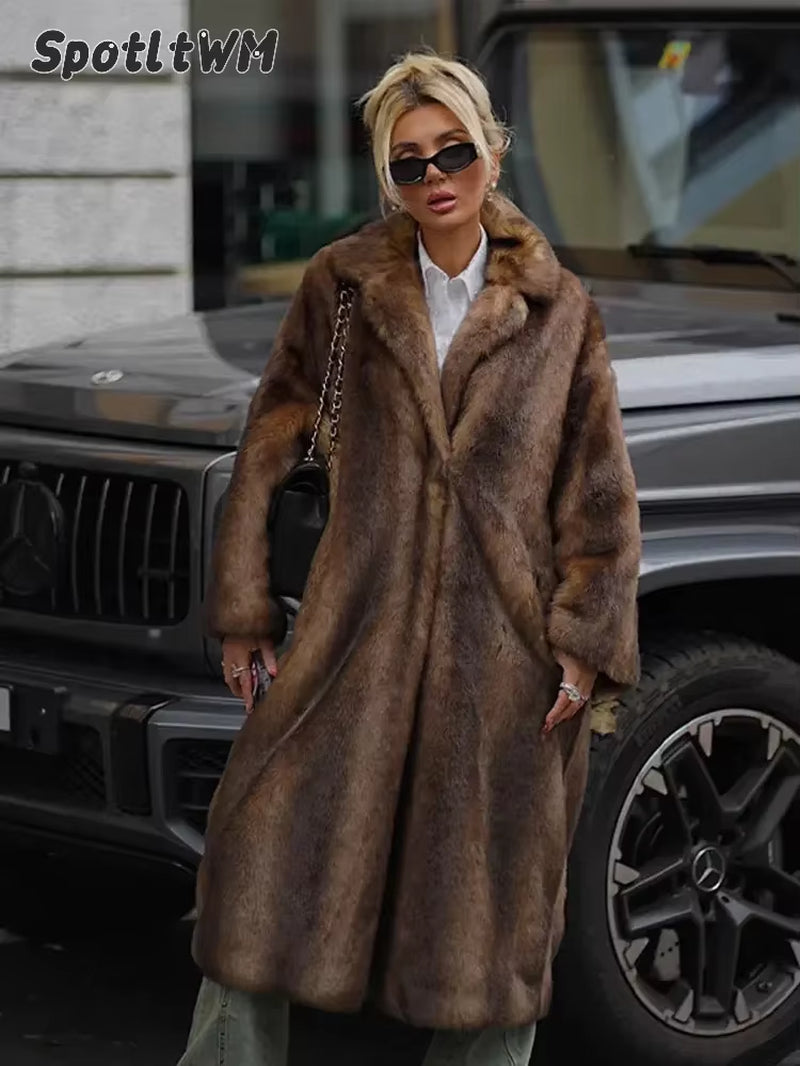 Women'S Dark Brown Faux Fur Long Overcoat Single Breasted Fleece Long Trench Coat Winter Fluffy Plush Warm New Thicken Outerwear